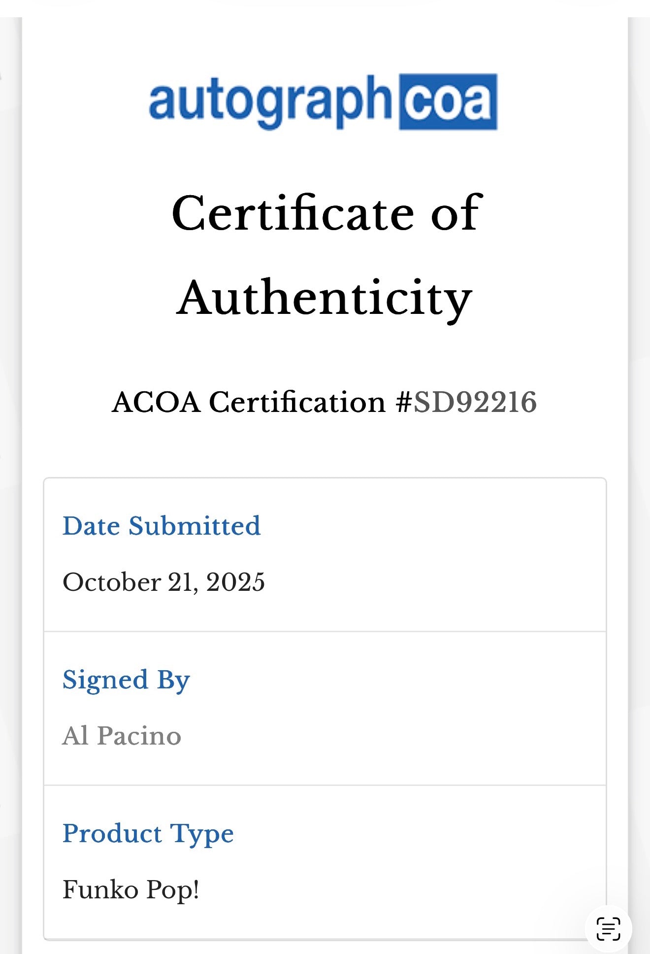 Al Pacino Signed Michael Corleone Funko Pop #1201 — COA Authenticated