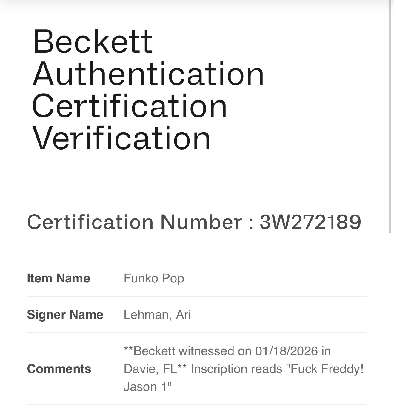 Ari Lehman signed and inscripted, Fuck the freddy, Jason 1 on a The Friday the 13th the game savivi jason funko pop #1160