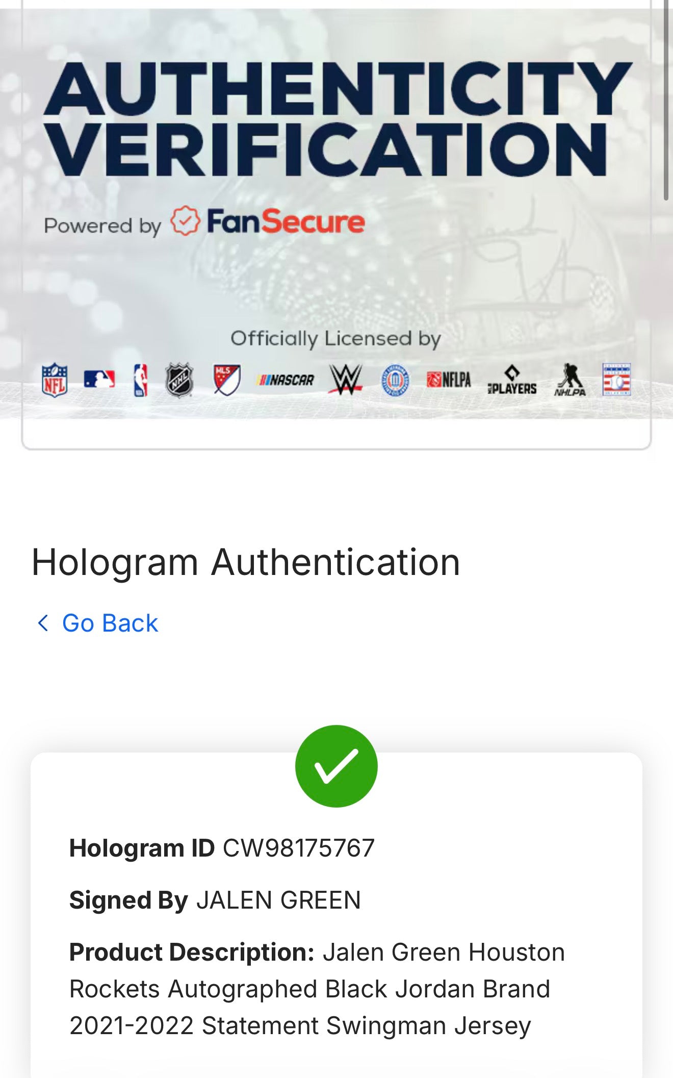 Jalen Green Signed Authentic Swingman Houston Rockets Jersey Fanatics Authentic Certified