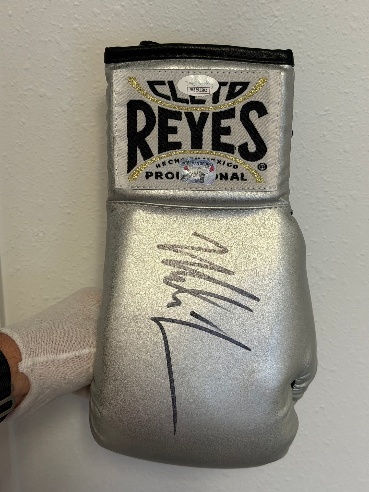 Mike Tyson Silver Reyes Autographed Boxing Glove with Lighted Display Case