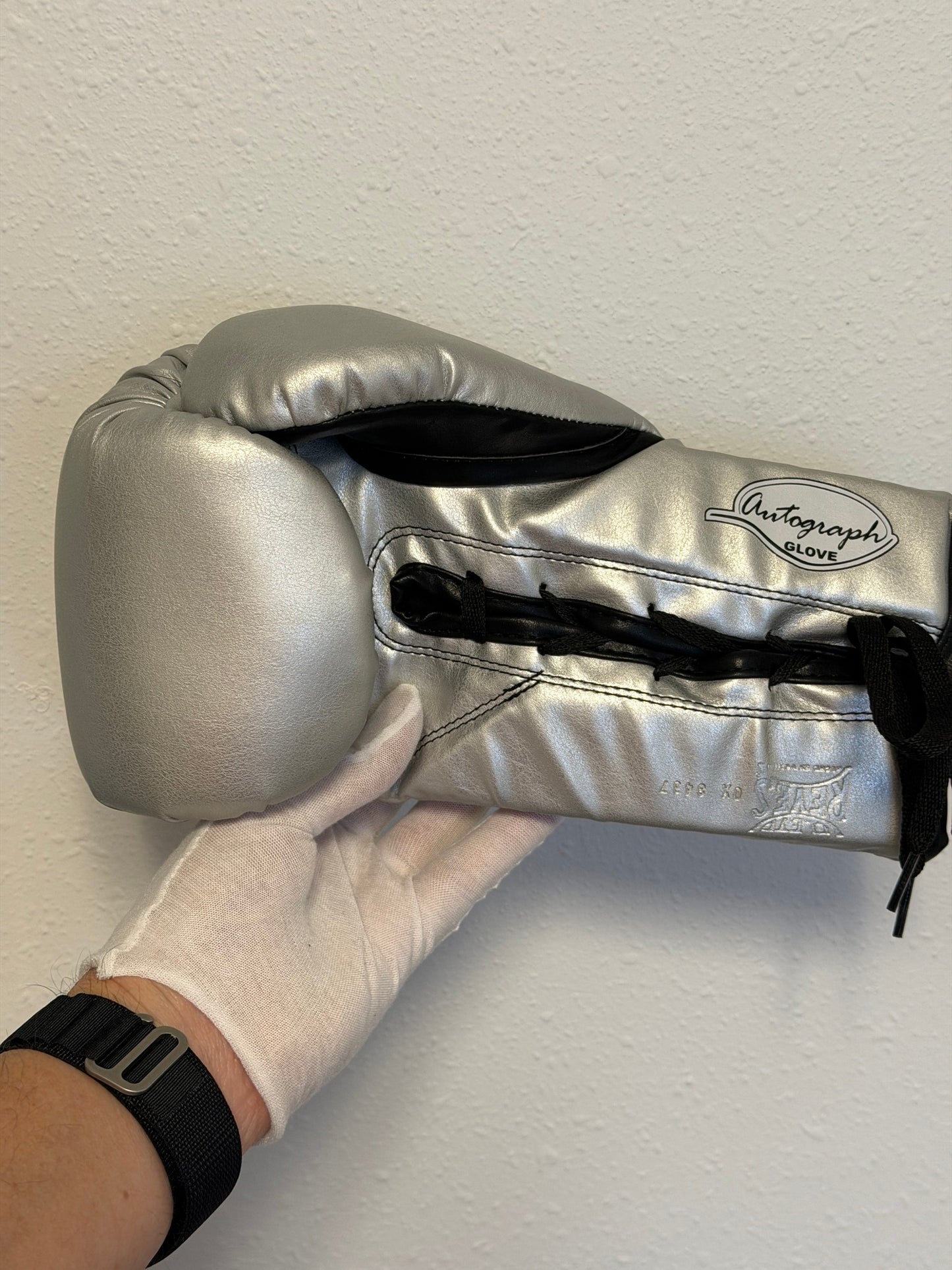 Mike Tyson Silver Reyes Autographed Boxing Glove with Lighted Display Case