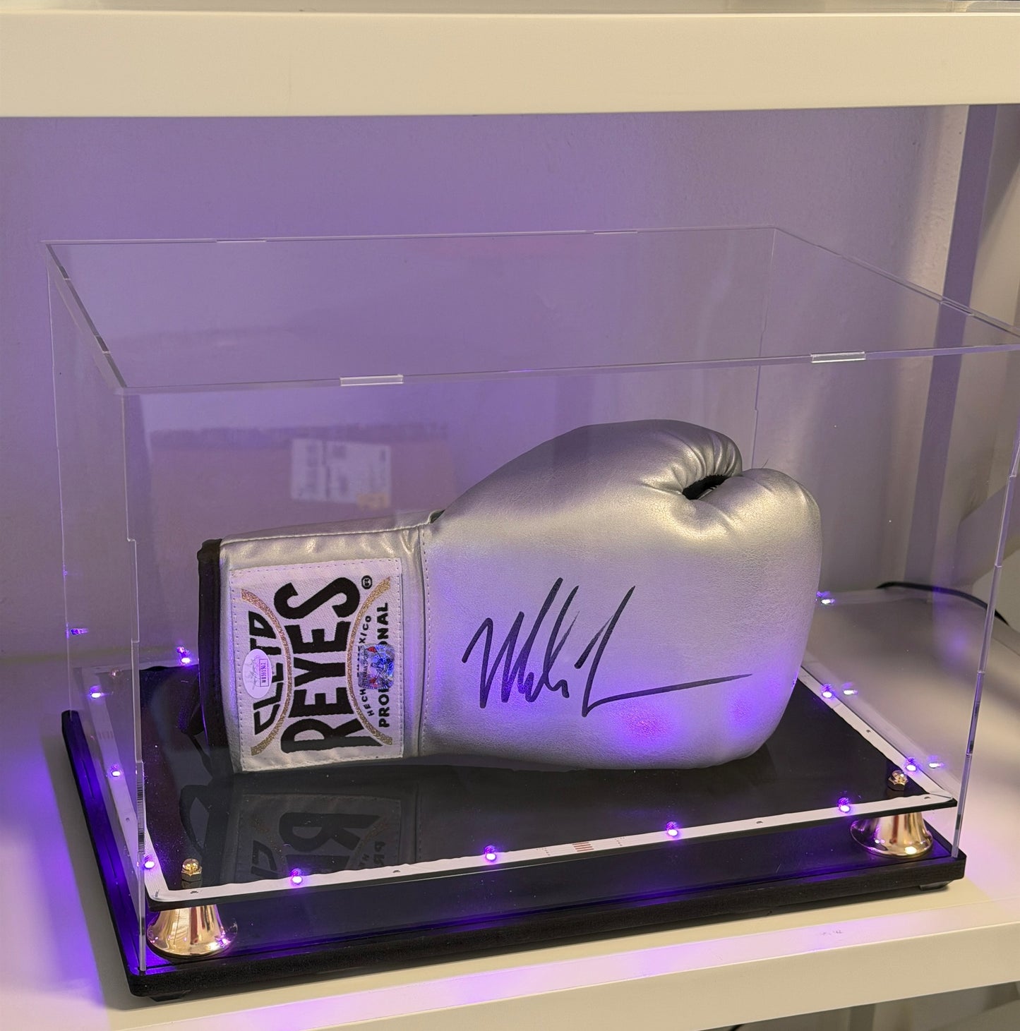 Mike Tyson Silver Reyes Autographed Boxing Glove with Lighted Display Case