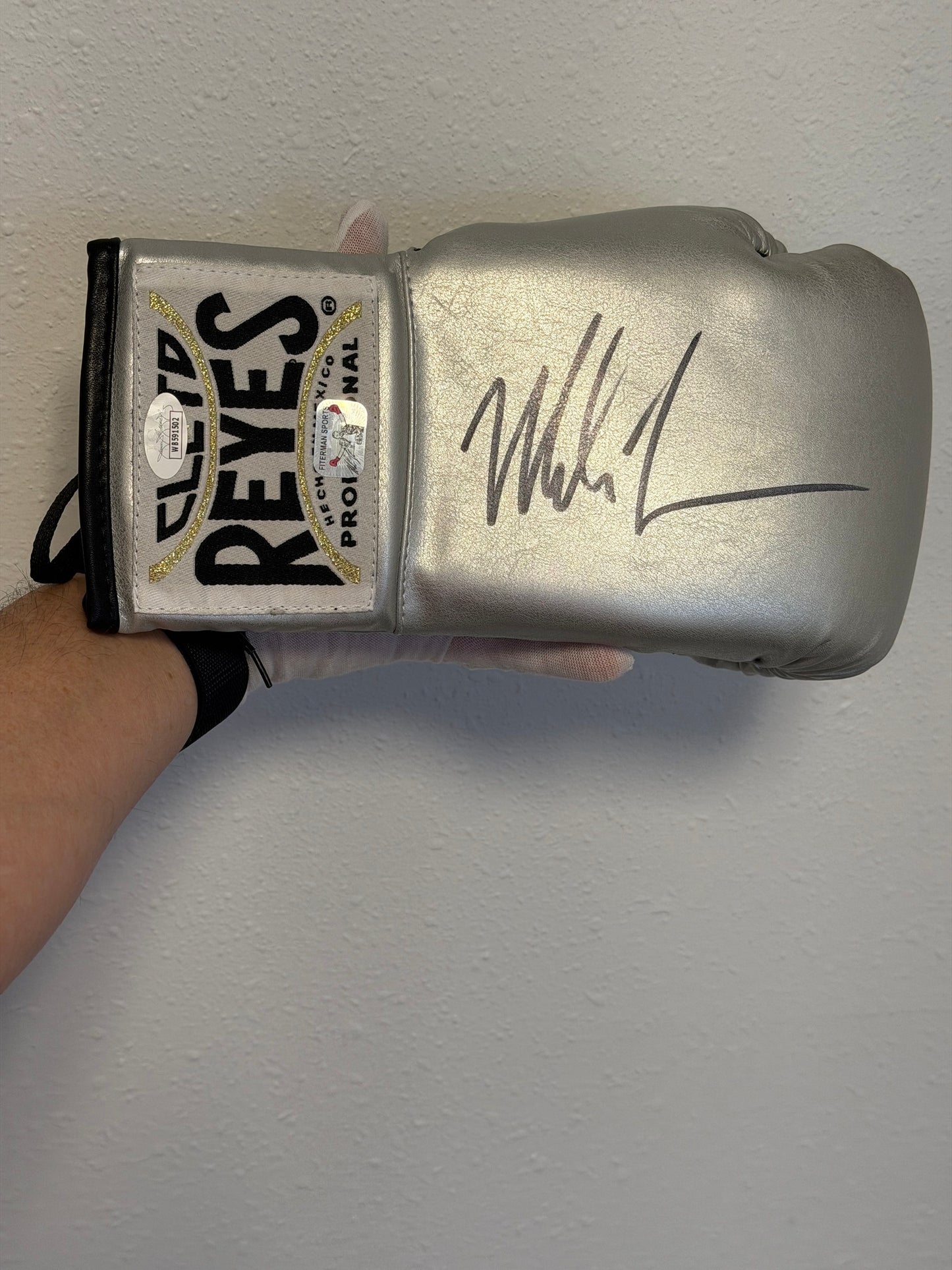 Mike Tyson Silver Reyes Autographed Boxing Glove with Lighted Display Case