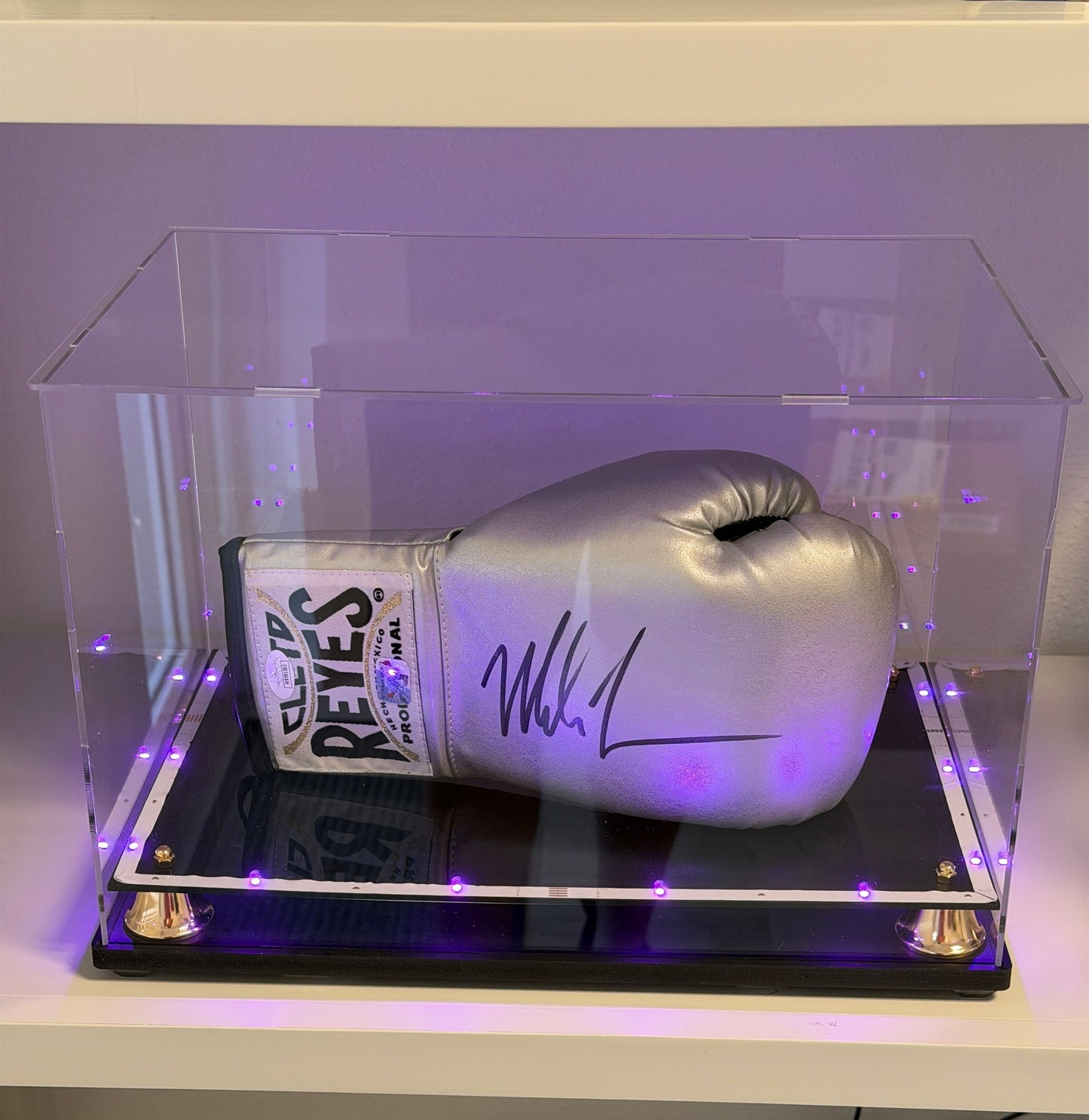 Mike Tyson Silver Reyes Autographed Boxing Glove with Lighted Display Case