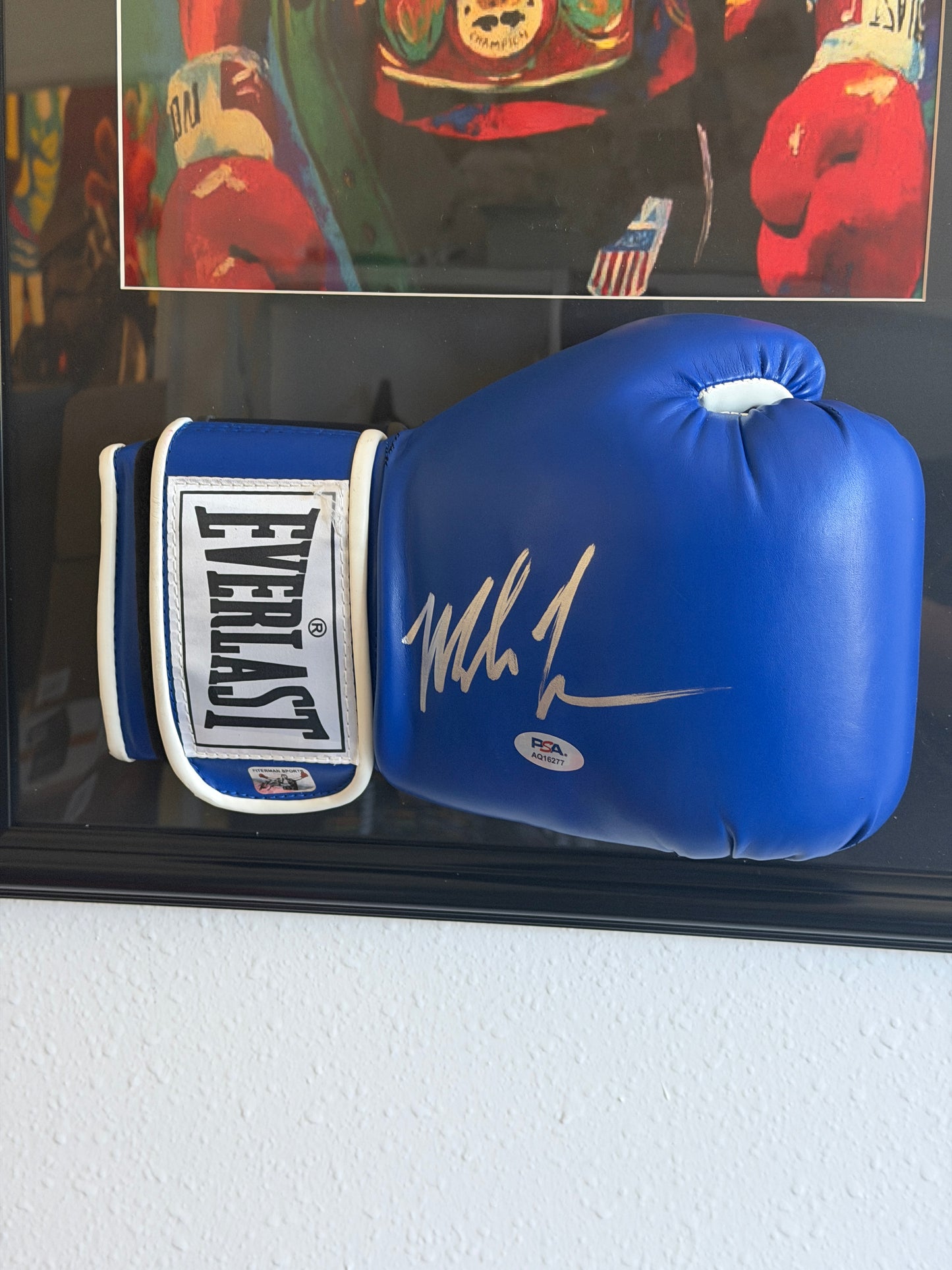 Mike Tyson Art Display With A Signed Blue Everlast Glove 29x17 Frame