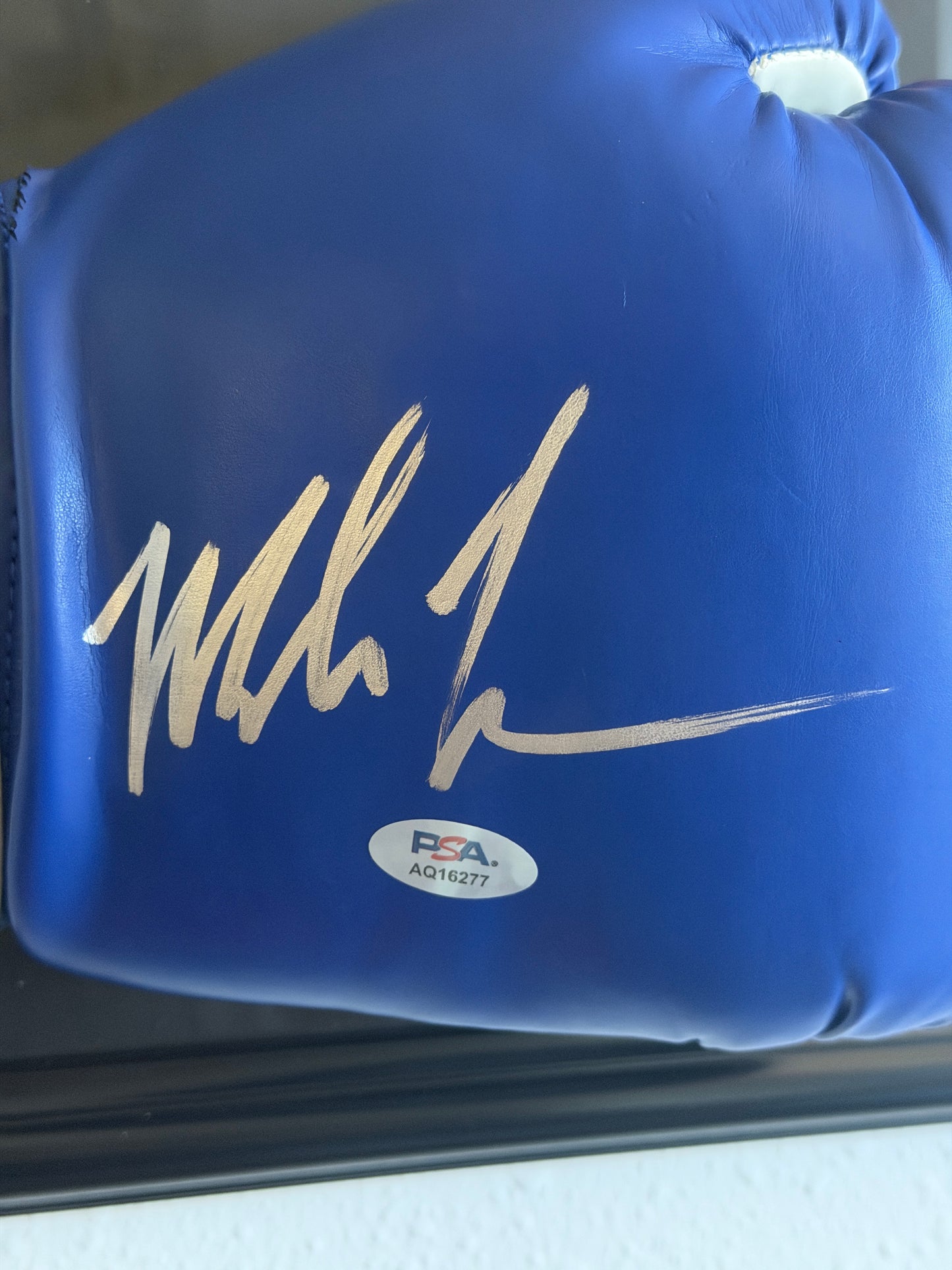 Mike Tyson Art Display With A Signed Blue Everlast Glove 29x17 Frame