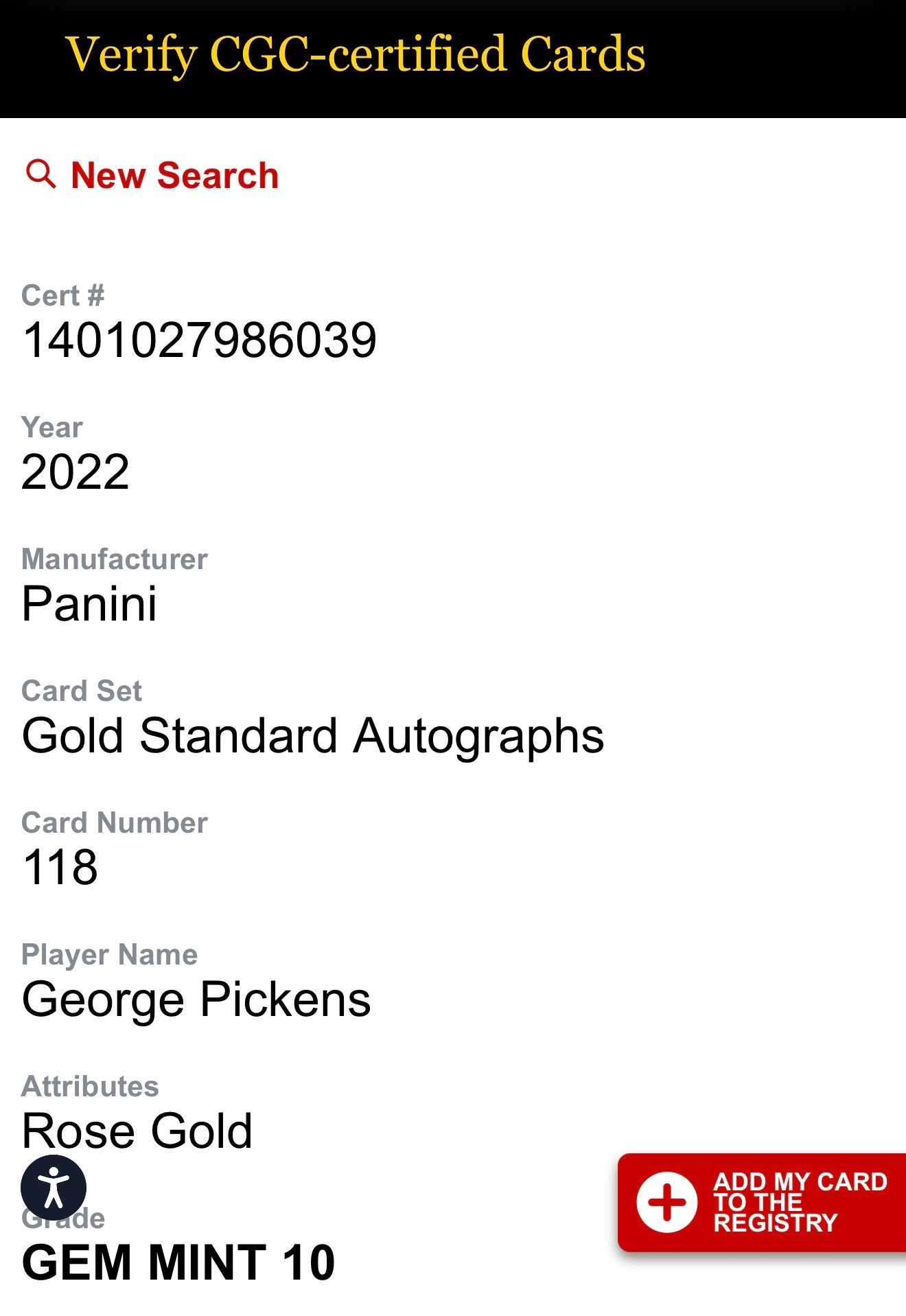 2022 Panini Gold Standard #118 George Pickens Autograph CGC Gem Mint 10
