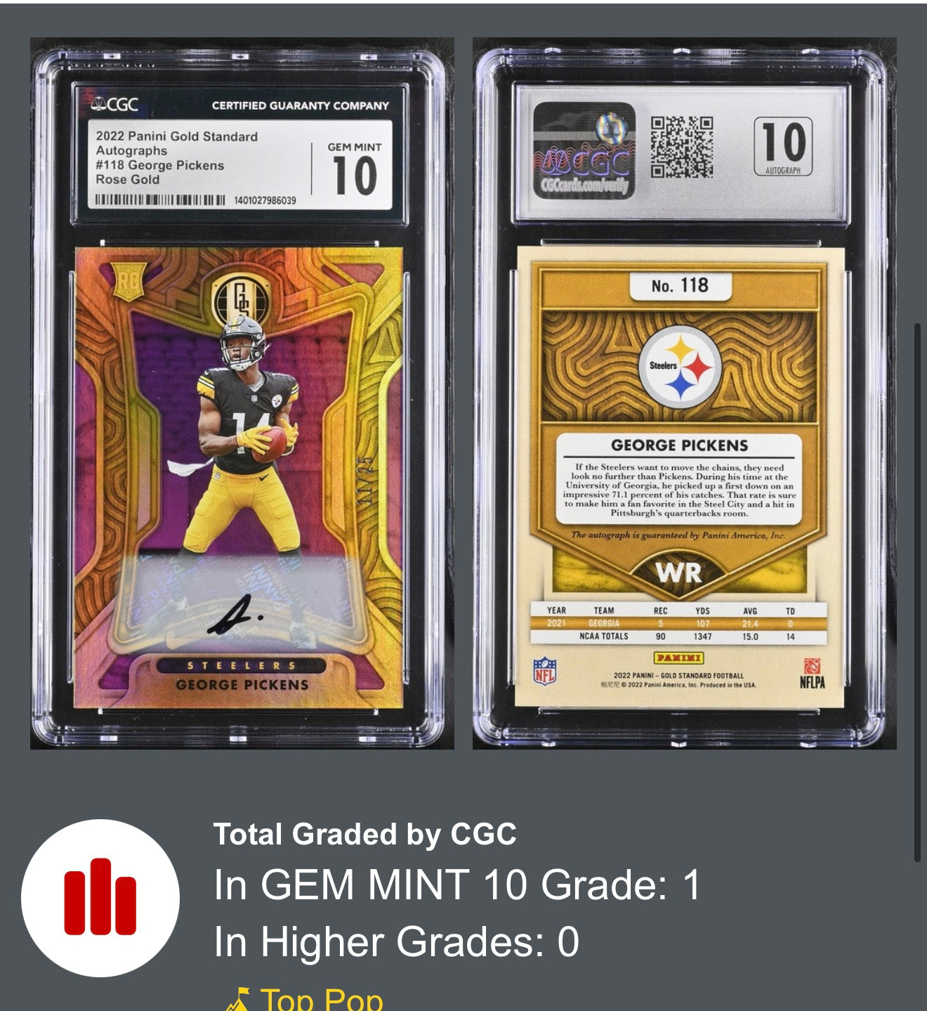 2022 Panini Gold Standard #118 George Pickens Autograph CGC Gem Mint 10