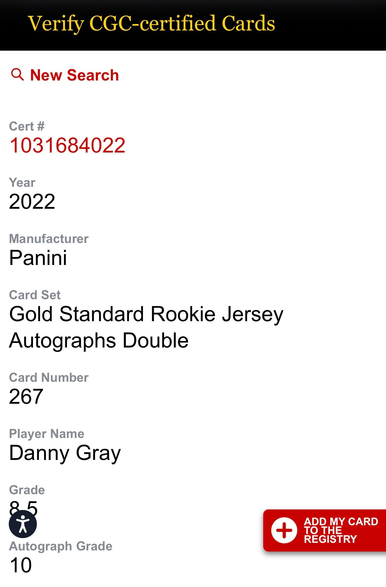 2022 Panini Gold Standard Danny Gray Rookie Jersey Autograph CSG 8.5