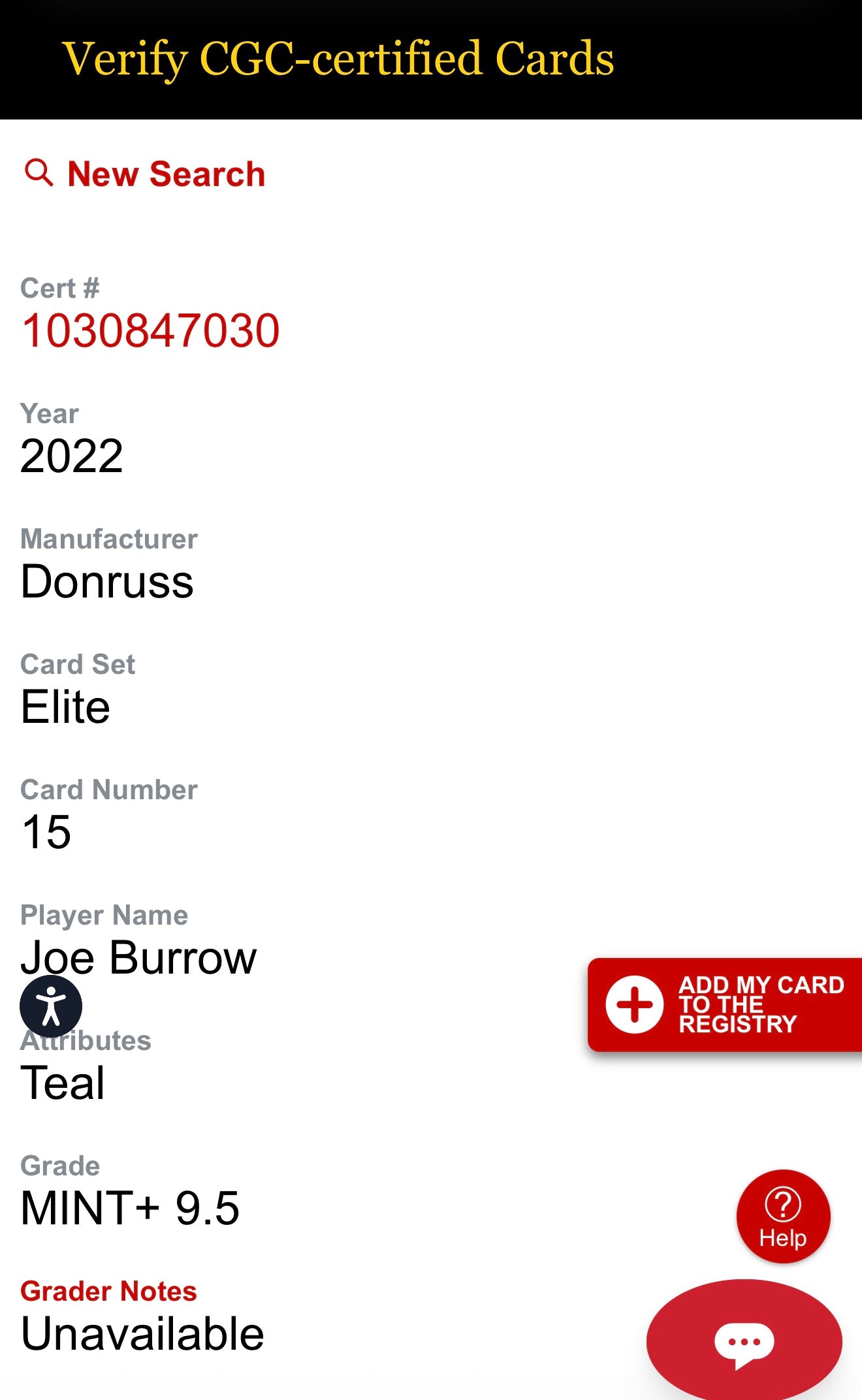 2022 Donruss Elite Joe Burrow Teal Holo 19/25 CSG Mint Plus 9.5