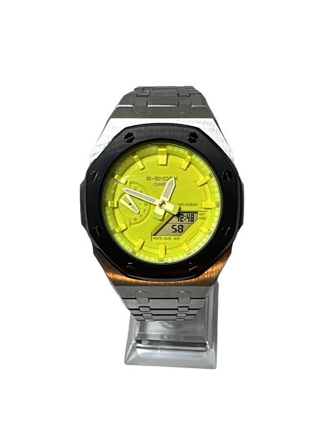 GShock Mod AP Style Silver w/Black Bezel/ Yellow Stainless