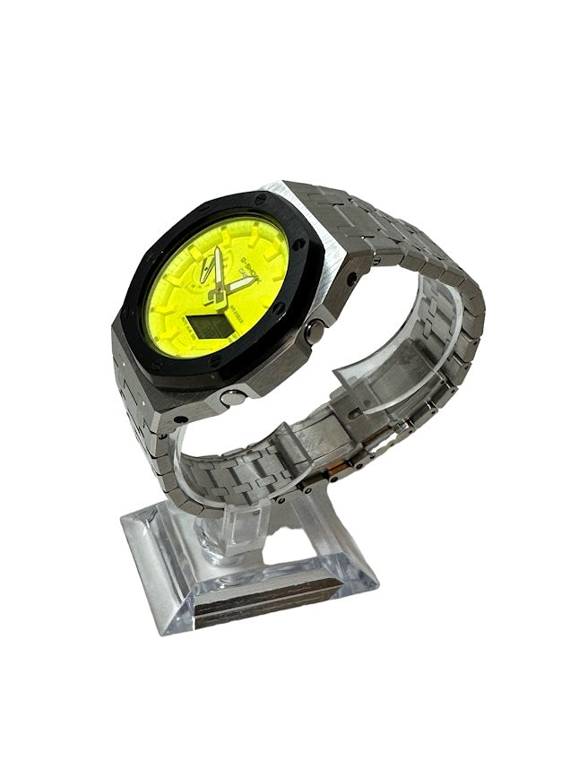 GShock Mod AP Style Silver w/Black Bezel/ Yellow Stainless