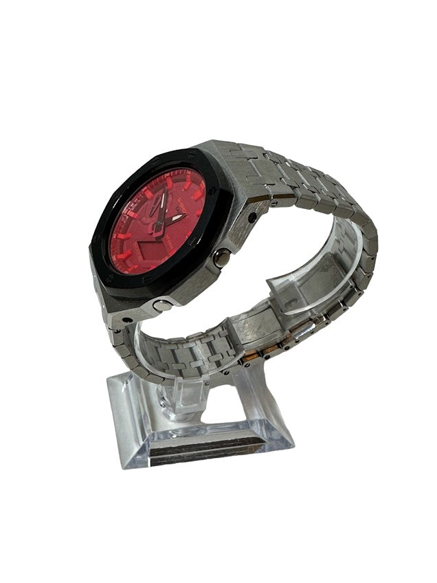 GShock Mod AP Style Silver w/Black Bezel/ Red Stainless