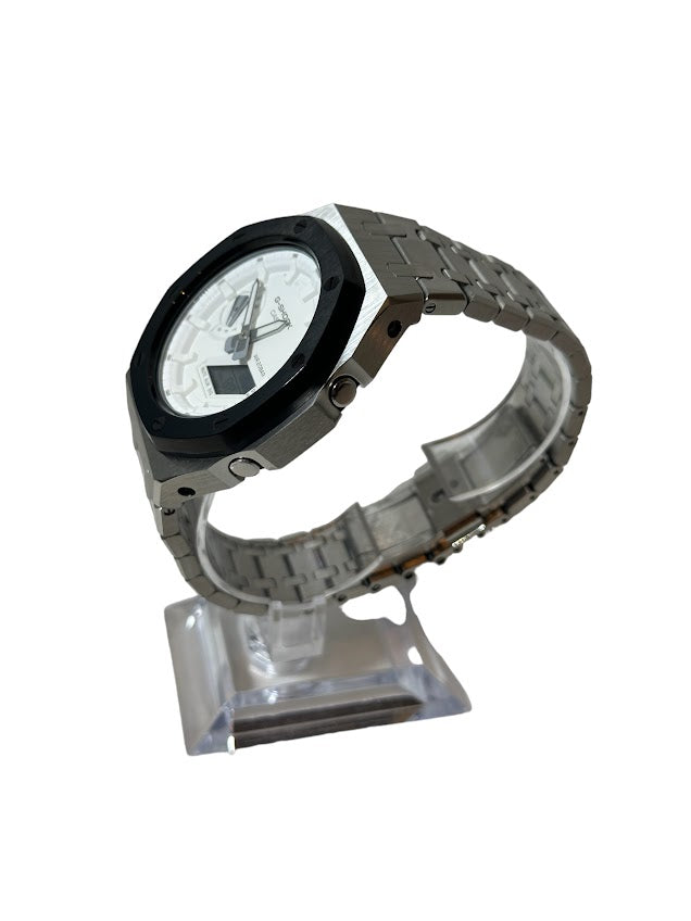 GShock Mod AP Style Silver w/Black Bezel/ White Stainless