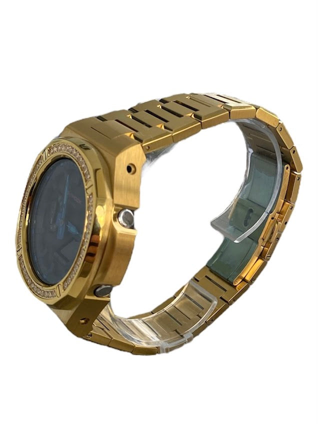 GShock Mod PP Style Gold with Crystal Bezel/ Black Stainless and Blue and Teal Markers