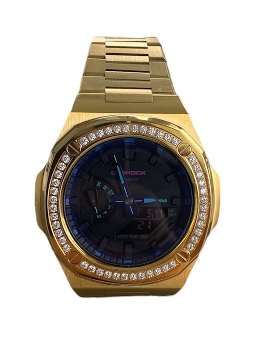 GShock Mod PP Style Gold with Crystal Bezel/ Black Stainless and Blue and Teal Markers