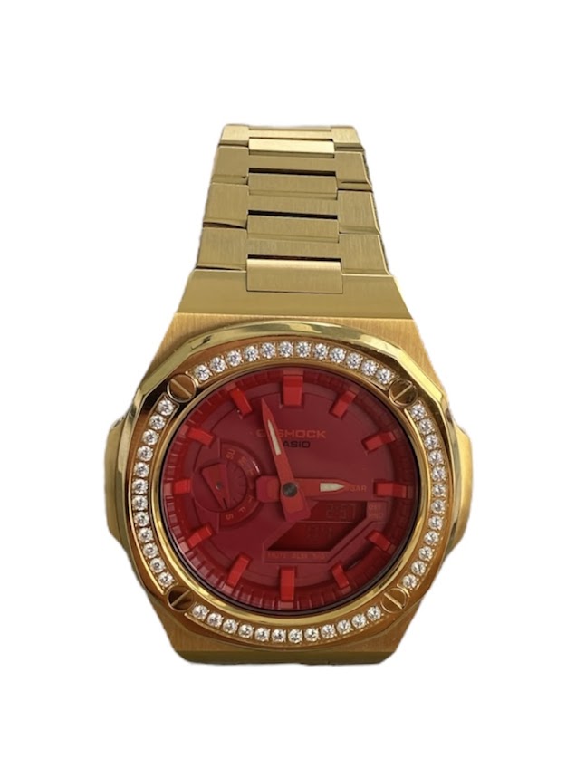 GShock Mod PP Style Gold with Crystal Bezel/ Red Stainless