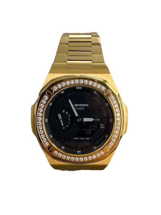 GShock Mod PP Style Gold with Crystal Bezel/ Black Stainless w/ White Markers