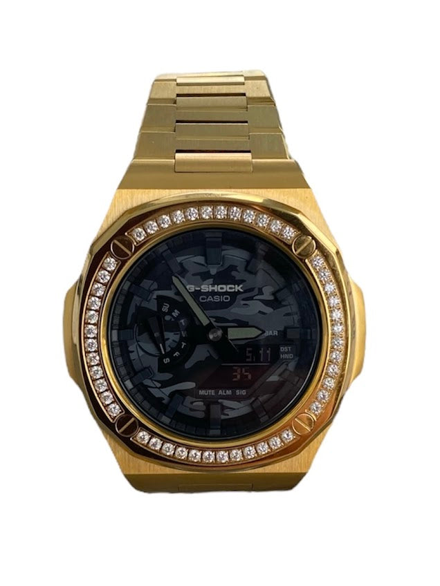 GShock Mod PP Style Gold with Crystal Bezel/ Black and Grey Camo Stainless