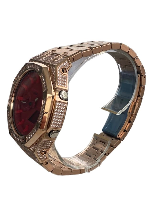 GShock Mod AP Style Rose Gold w/ Crystal Bezel and Case/ Red Stainless