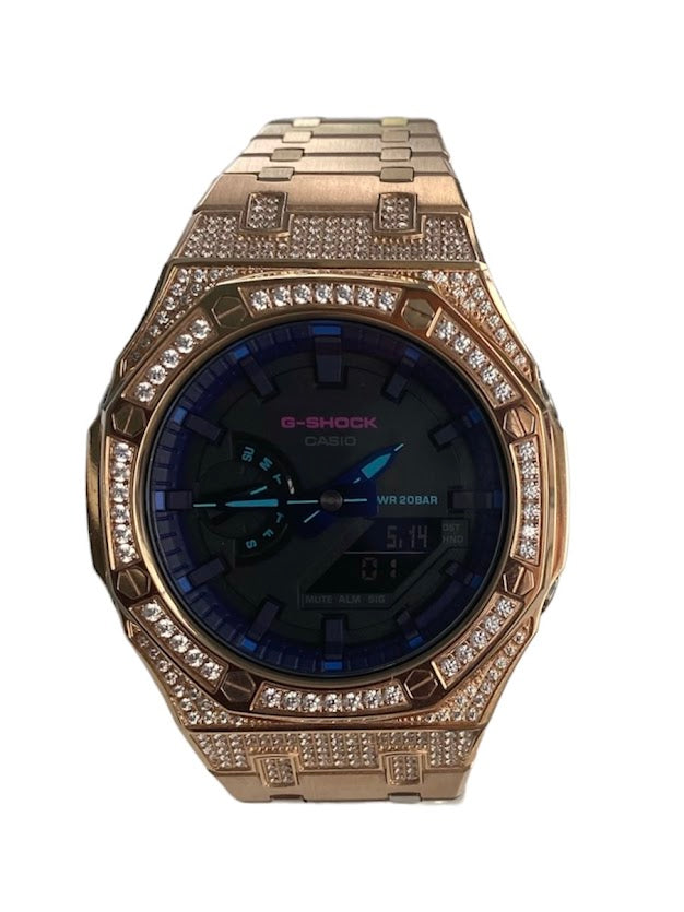 GShock Mod AP Style Rose Gold w/ Crystal Bezel and Case/ Black Stainless and Blue and Teal Markers