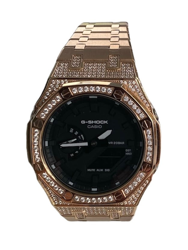 GShock Mod AP Style Rose Gold w/ Crystal Bezel and Case/ Black Stainless w/ White Markers