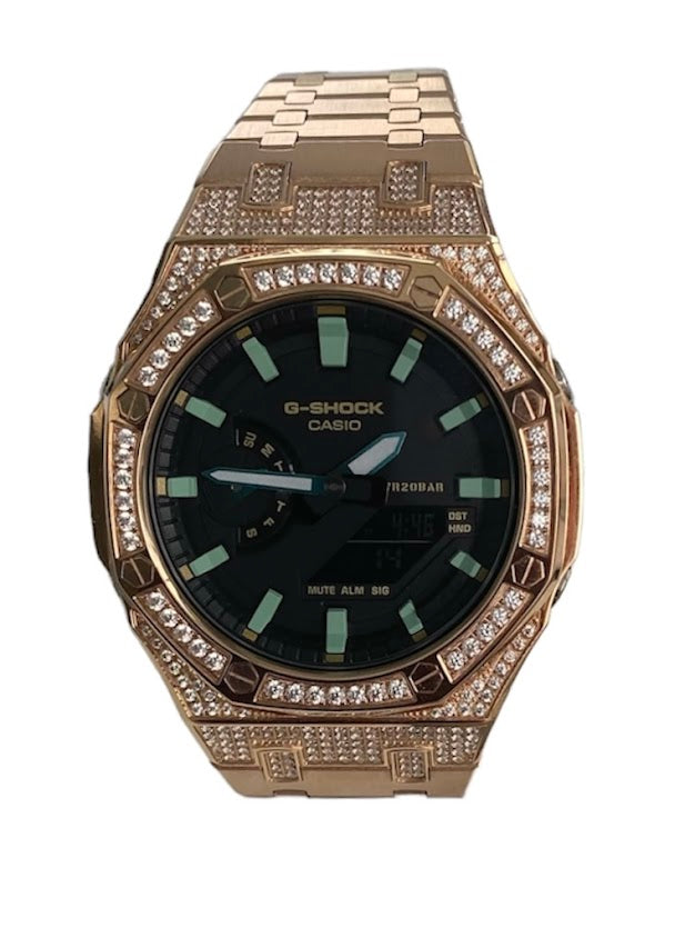 GShock Mod AP Style Rose Gold w/ Crystal Bezel and Case/ Black Stainless w/Green Markers