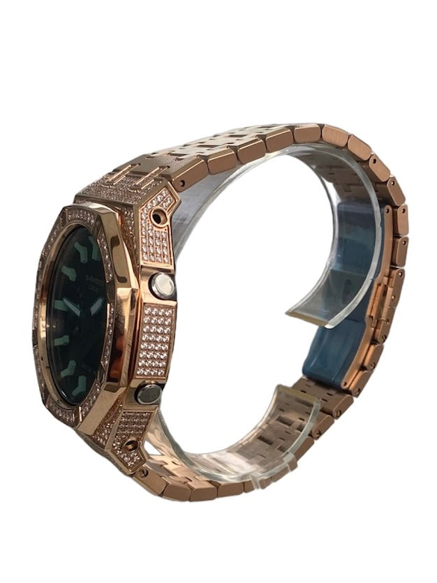 GShock Mod AP Style Rose Gold w/ Crystal Bezel and Case/ Black Stainless w/Green Markers