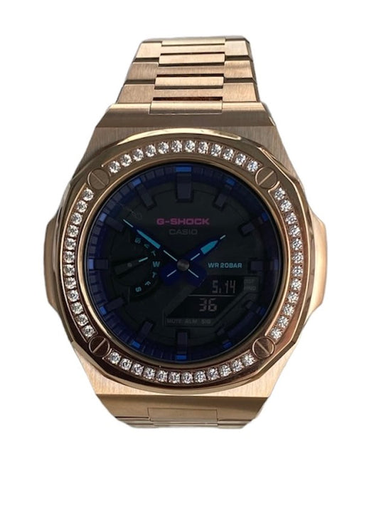 GShock Mod PP Style Rose Gold w/ Crystal Bezel/ Black Stainless with Blue and Teal Markers