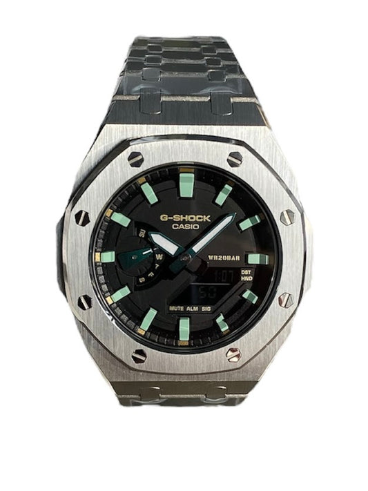 GShock Mod AP Style Silver/ Black Stainless w/Green Markers