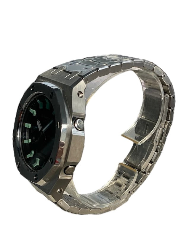 GShock Mod AP Style Silver/ Black Stainless w/Green Markers