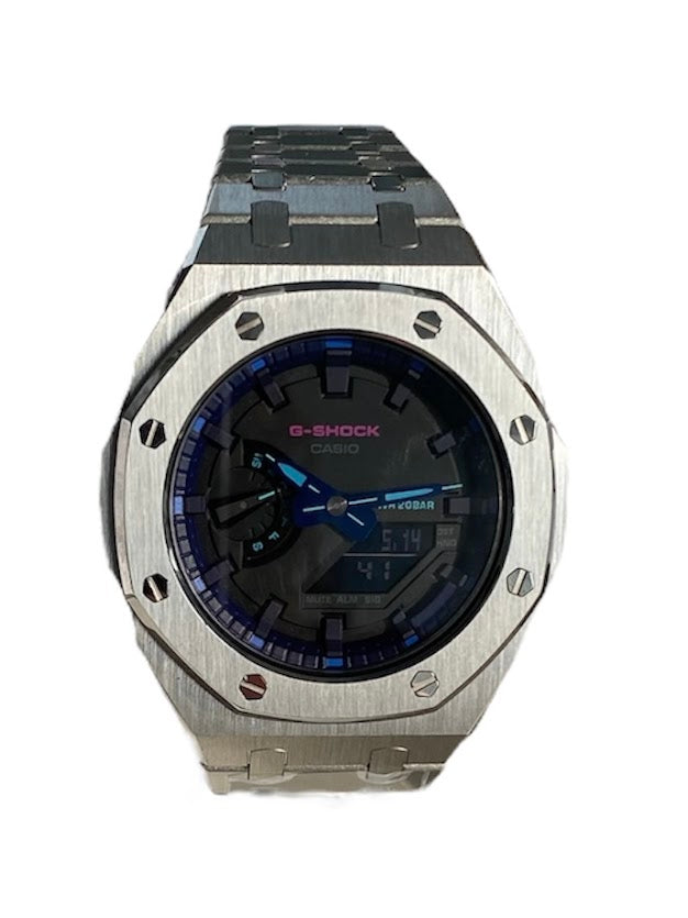 GShock Mod AP Style Silver/ Black Stainless w/Blue and Teal Markers