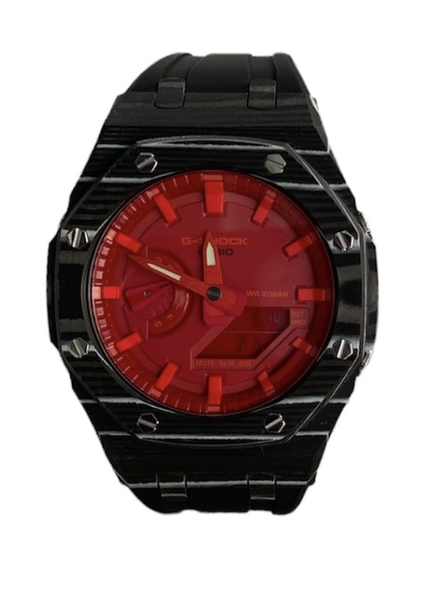 GShock Mod AP Style, Black and White Carbon Case w/ Black Band/ Red