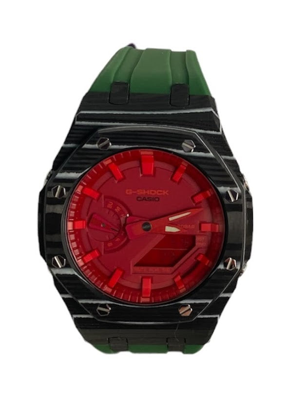 GShock Mod AP Style, Black and White Carbon Case w/ Green Band/ Red