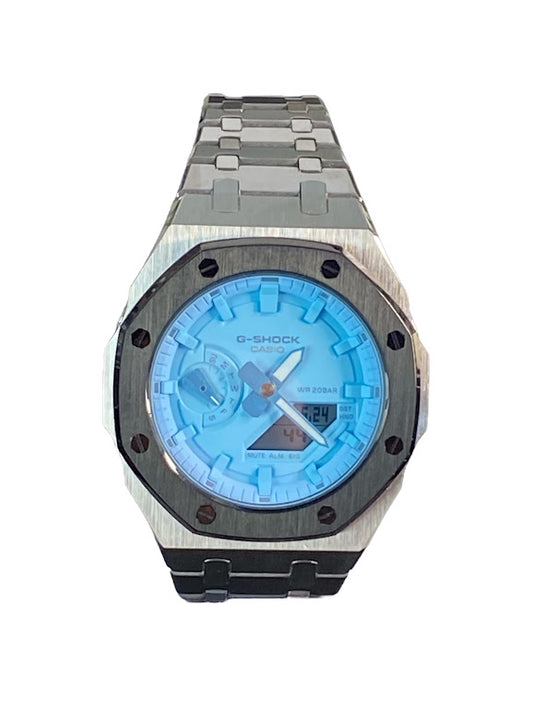 GShock Mod AP Style Silver w/Black Bezel/ Blue Stainless