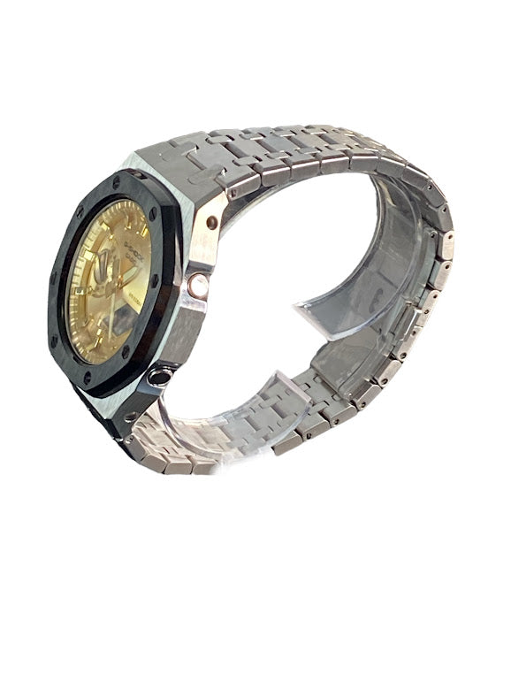 GShock Mod AP Style Silver w/Black Bezel/ Gold Stainless