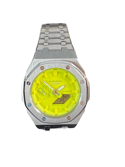 GShock Mod AP Style Silver/ Yellow Stainless