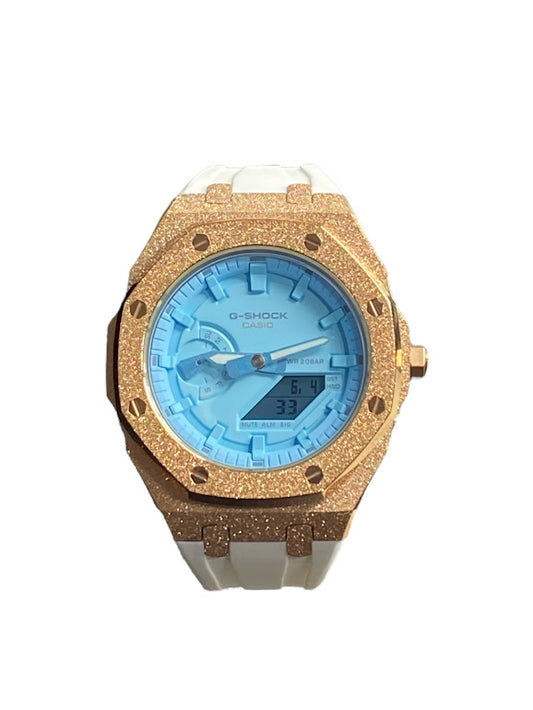 GShock Mod AP Style Rose Gold Emery w/ White Band/ Blue Stainless