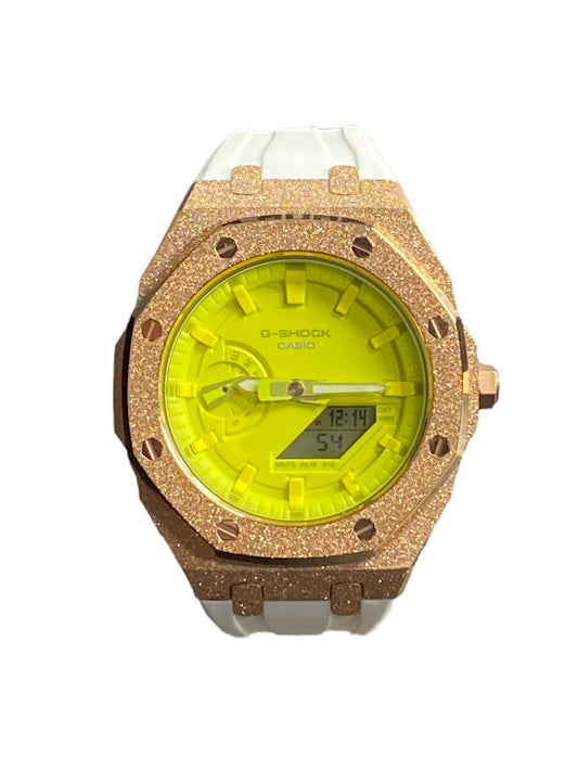 GShock Mod AP Style Rose Gold Emery w/ White Band/ Yellow Stainless