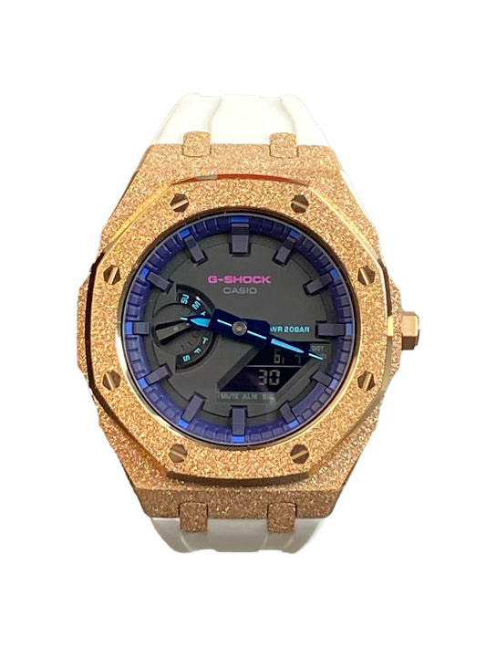 GShock Mod AP Style Rose Gold Emery w/ White Band/ Black Stainless and Blue and Teal Markers