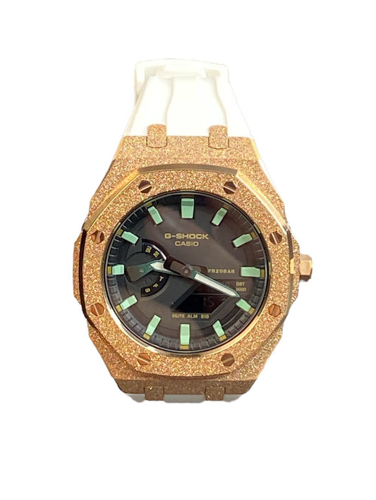 GShock Mod AP Style Rose Gold Emery W/ White Band/ Black w/Green Markers