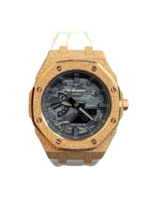 GShock Mod AP Style Rose Gold Emery w/White Band/ Black and Grey Camo Stainless