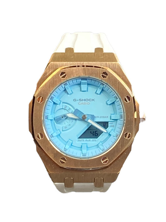 GShock Mod AP Style Rose Gold w/ White Band/ Blue Stainless