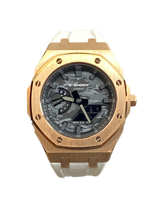 GShock Mod AP Style Rose Gold w/White Band/ Black and Grey Camo Stainless