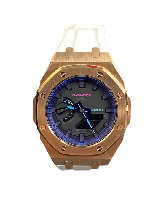 GShock Mod AP Style Rose Gold w/ White Band/ Black Stainless and Blue and Teal Markers