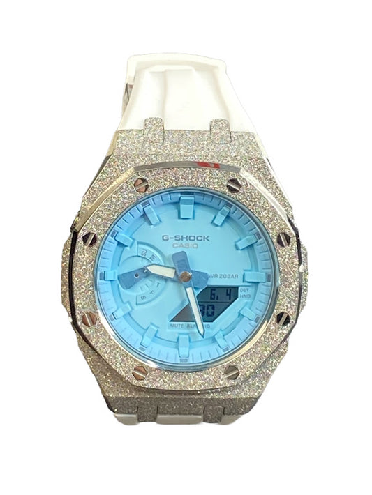GShock Mod AP Style Silver Emery w/ White Band/ Blue Stainless