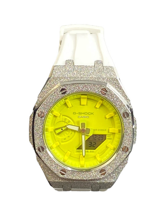 GShock Mod AP Style Silver Emery w/ White Band/ Yellow Stainless