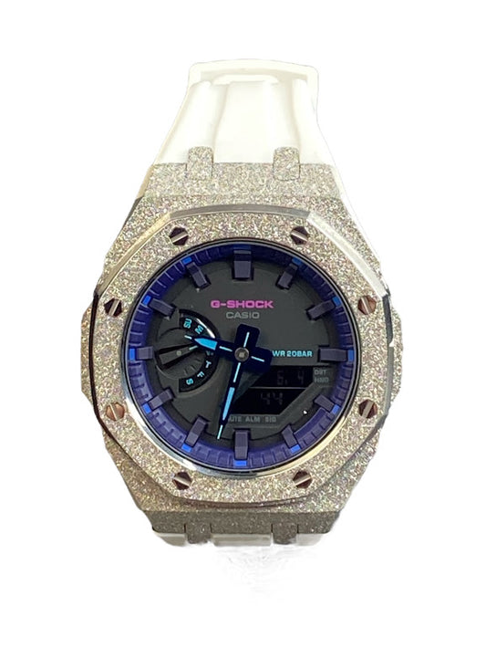 GShock Mod AP Style Silver Emery w/ White Band/ Black Stainless and Blue and Teal Markers