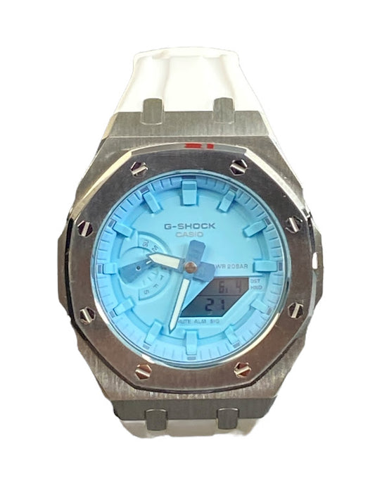 GShock Mod AP Style Silver w/ White Band/ Blue Stainless