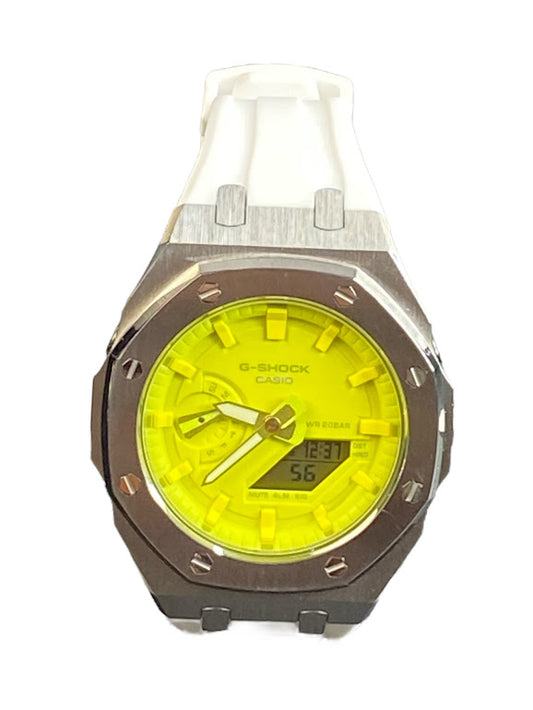 GShock Mod AP Style Silver w/ White Band/ Yellow Stainless